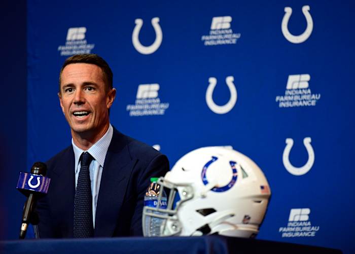Mar 22, 2022; Indianapolis, IN, USA; Indianapolis Colts Quarterback Matt Ryan (2) holds a press conference to announce his joining of the team at Indiana Farm Bureau Football Center. Mandatory Credit: Marc Lebryk-USA TODAY Sports